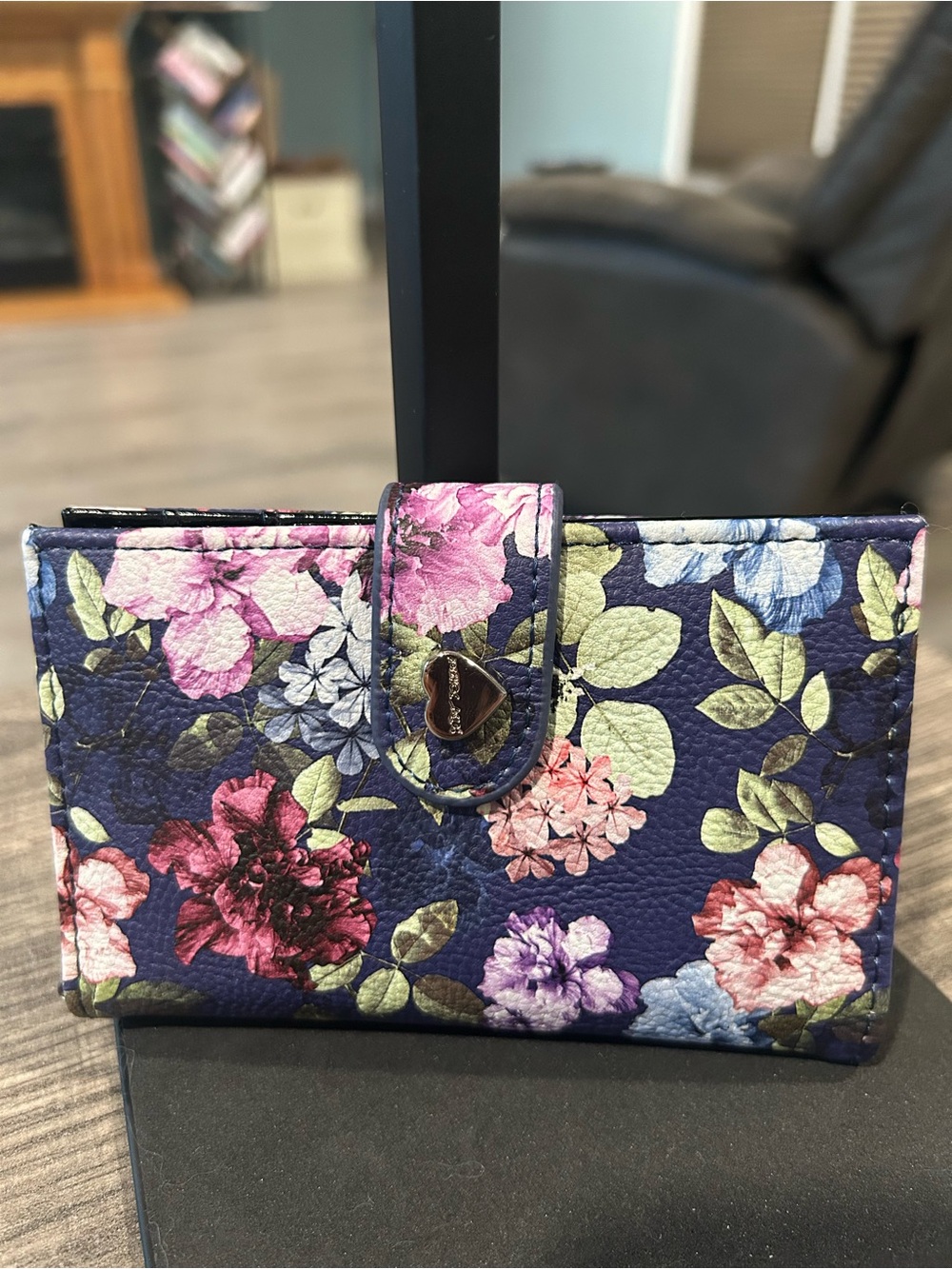 Betsey Johnson Navy Floral Leather Wallet with Pink & Purple Flowers